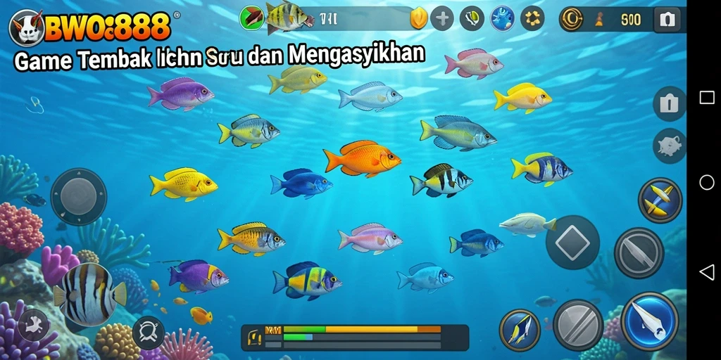 Tampilan gameplay BWO888 dengan berbagai ikan dan senjata.