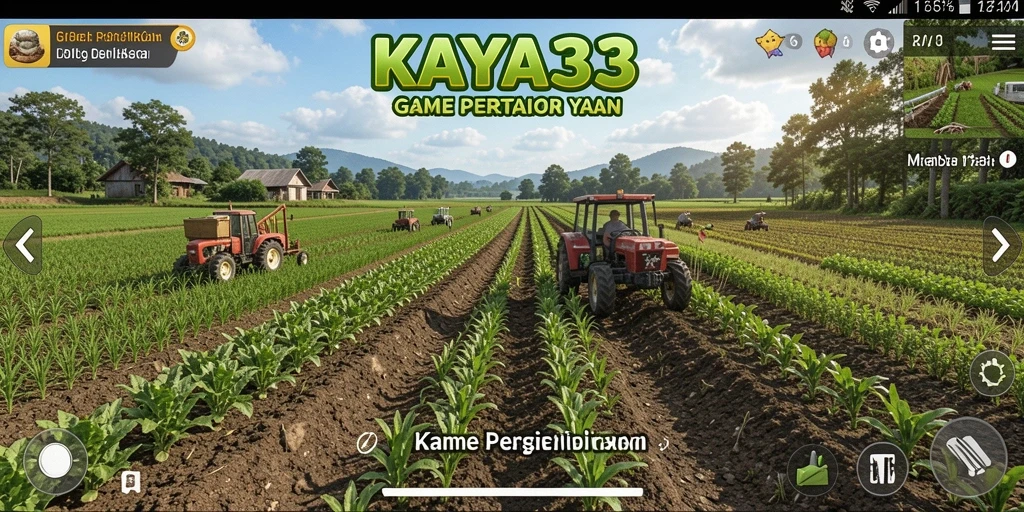 Gambar gameplay KAYA33 dengan pemandangan ladang yang subur dan tanaman berwarna-warni.