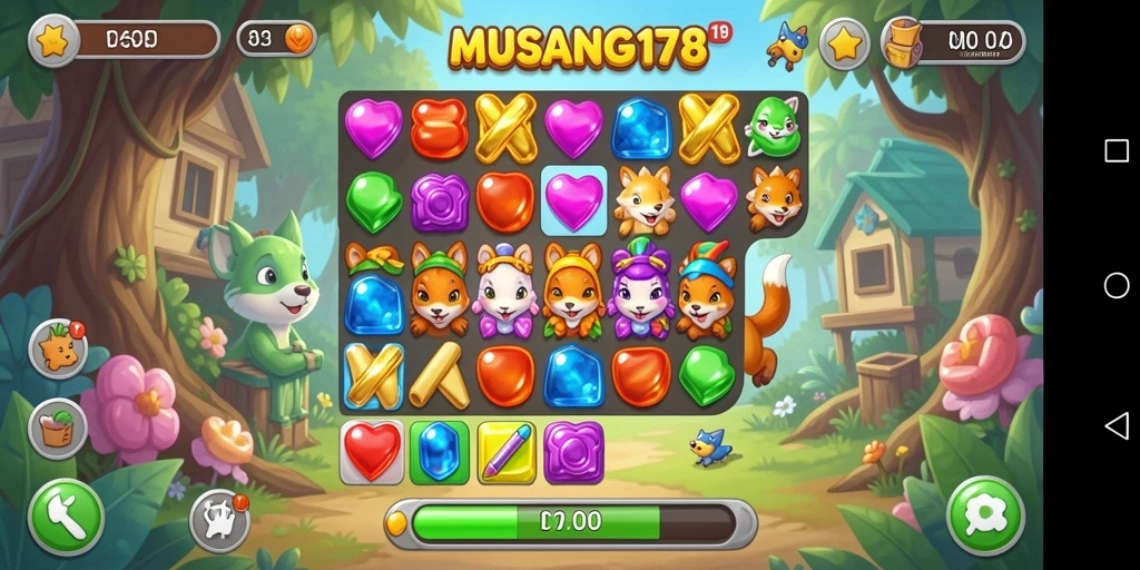Screenshot gameplay MUSANG178 yang menunjukkan kombinasi objek match-3 yang menarik.