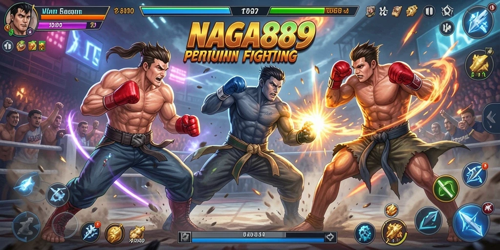 Tampilan gameplay seru dalam NAGA889 saat karakter bertarung di arena.