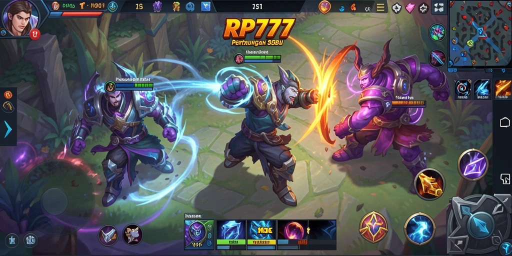 Screenshot gameplay RP777 menampilkan aksi pertarungan yang intens di arena MOBA.