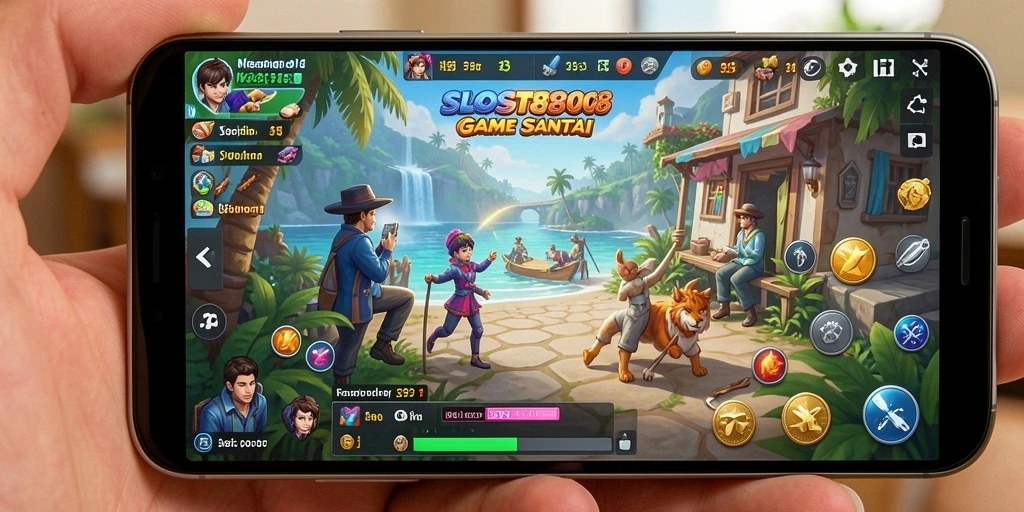 Tampilan gameplay SLOST8808 yang ceria dan menghibur.